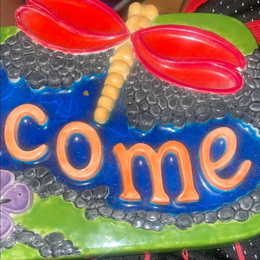 Ceramic Colorful Welcome Sign with Dragonfly Design/ Hand-Painted